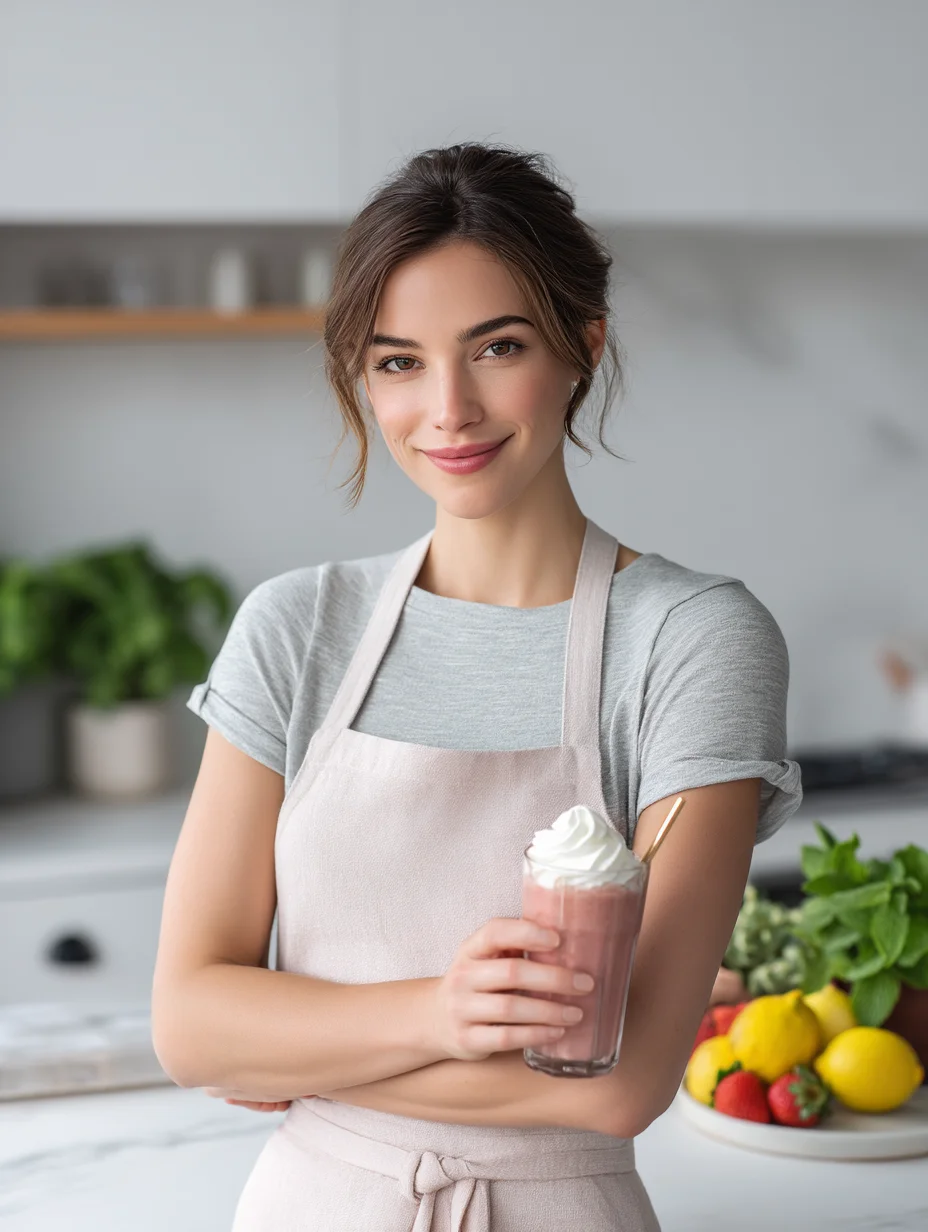 Isla Ray — creator of FrappHub, holding a strawberry smoothie with whipped cream